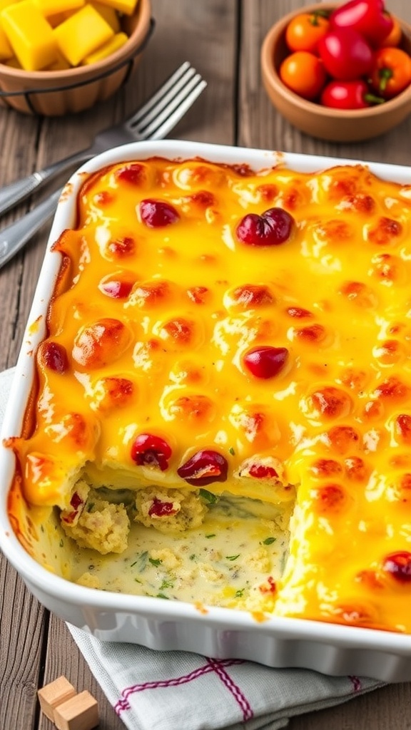 Savory Breakfast Casserole Recipe A golden-brown breakfast casserole with eggs, cheese, and bell peppers in an 8x8 dish, served with fruit on a rustic table.